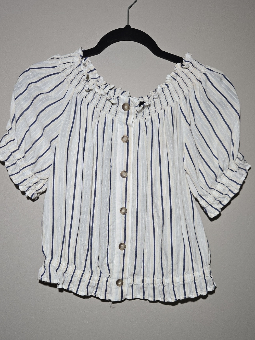 H&M Cream and Navy Striped Faux Button Front Blouse Linen Blend Wide Smock Neck